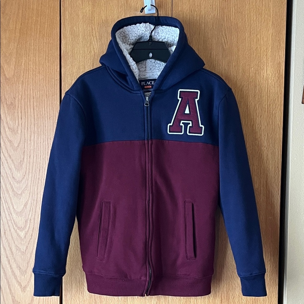 Place boy’s XL Size 14 Navy and Maroon Hoodie Sweatshirt full zip pockets VGUC